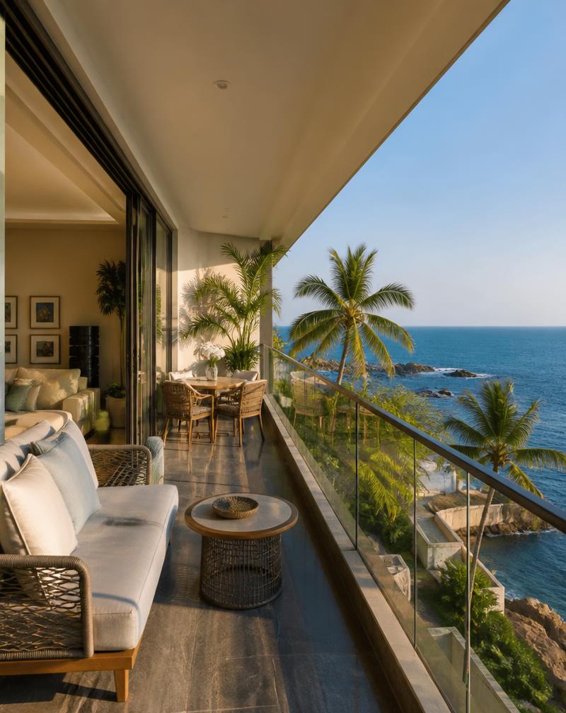 Modern ocean-view apartment balcony in Goa