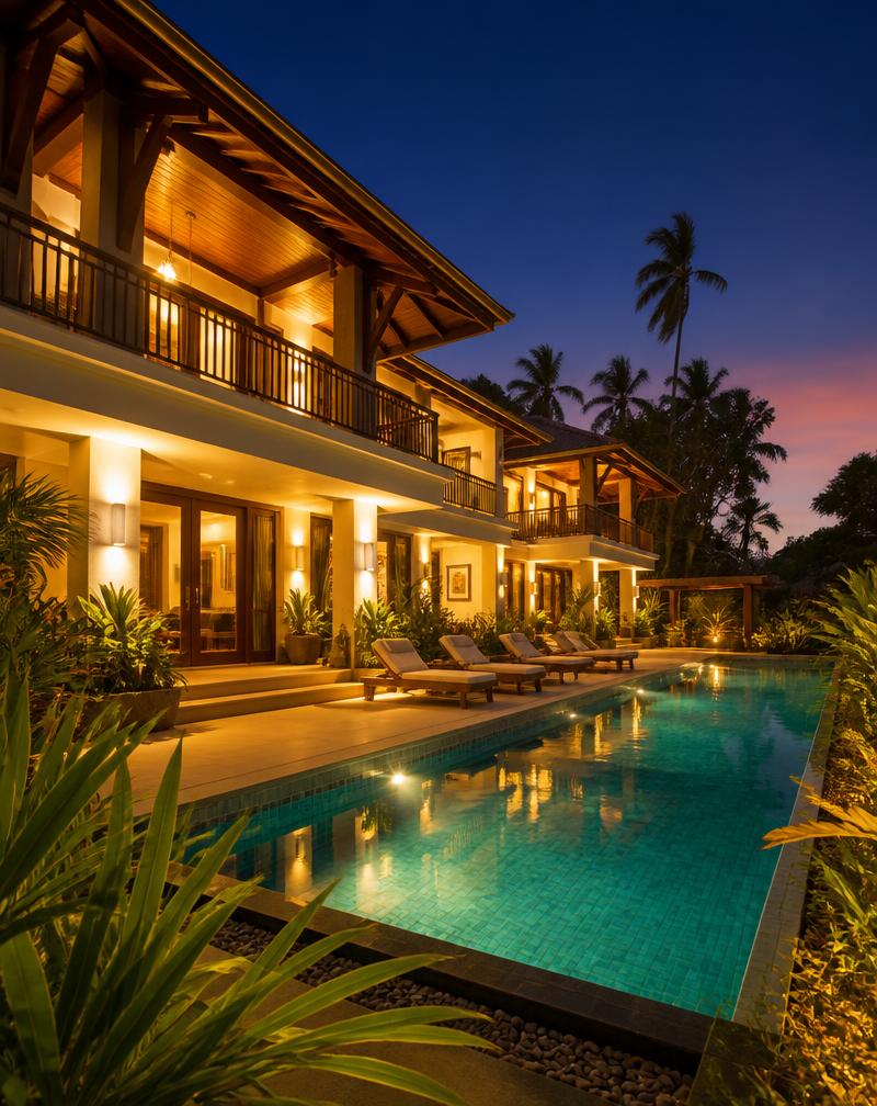 Luxury villa with pool in Goa at golden hour